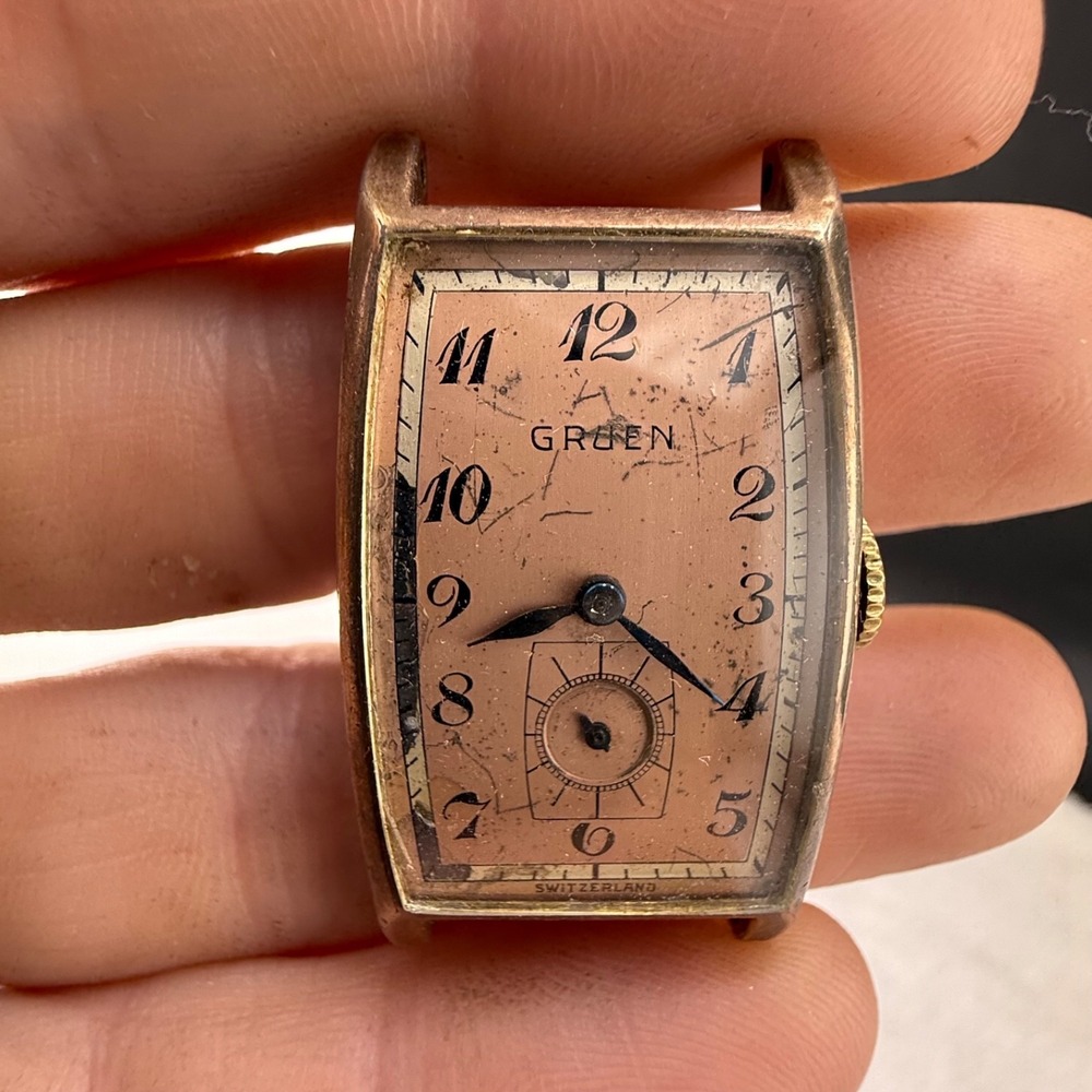 Vintage Gruen Wristwatch Gold Tone Art Deco Rectangular Case Parts Repair